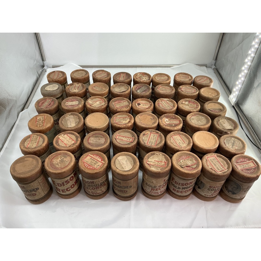 Lot of 41 Antique Edison Gold Moulded Phonograph Cylinder Records with Cases
